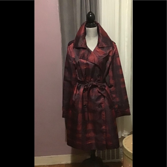 New York & Company Jackets & Blazers - NY & Co doubled breasted wine/Bk plaid trench coat